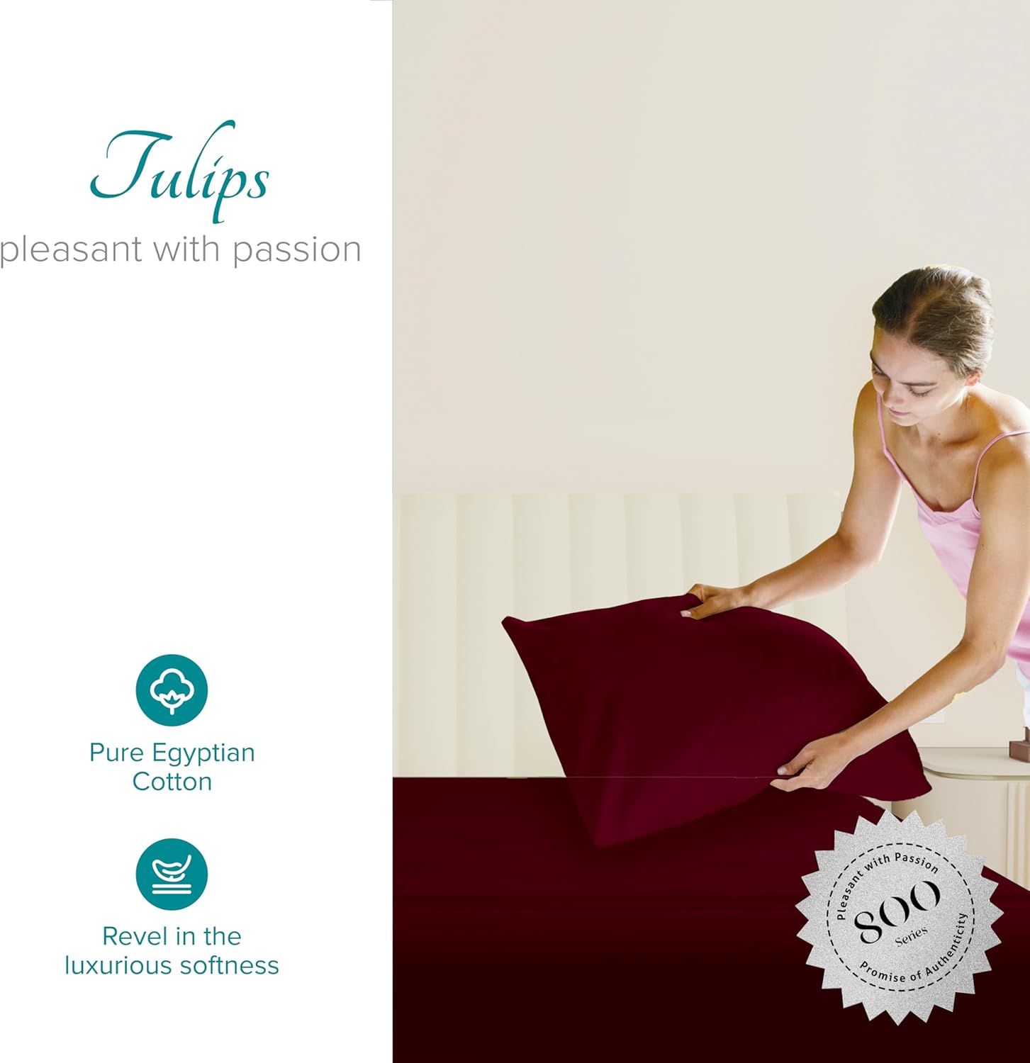 Carressa Linen Luxury Egyptian Cotton King Pillow Cases Set of 2-800 Series Tulips Collection Pillowcases for Sleeping (Burgundy), Soft, Cooling Pillow Cover, Staple Hotel Quality Pillowcases