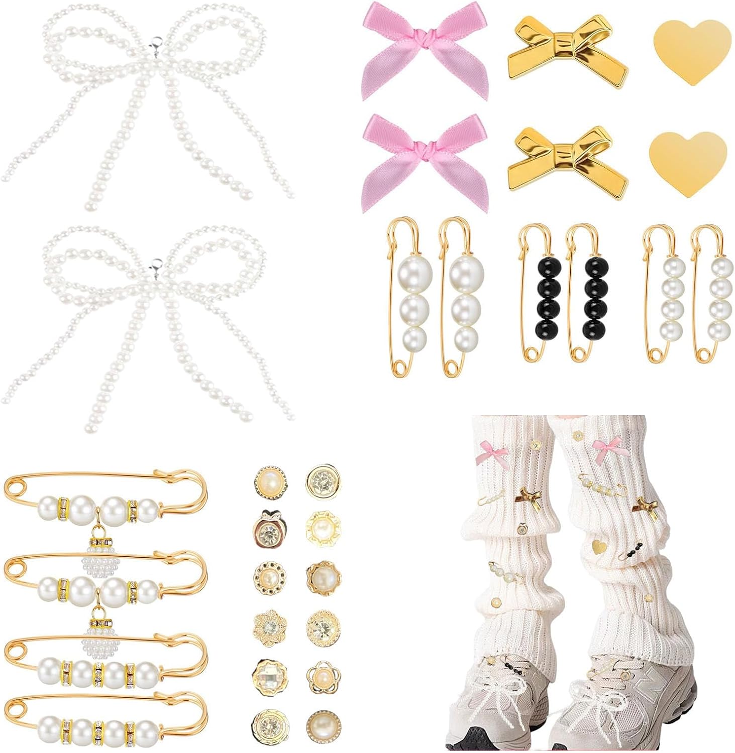 30PCS Shoe Charms for Crocs Sneakers Loafers - Decorative Charms with Rhinestones Pearls Bows Clips Pins, Long-Lasting Stylish Croc Accessories for Women Girls Kids, Croc Decorations for Shoe Lovers