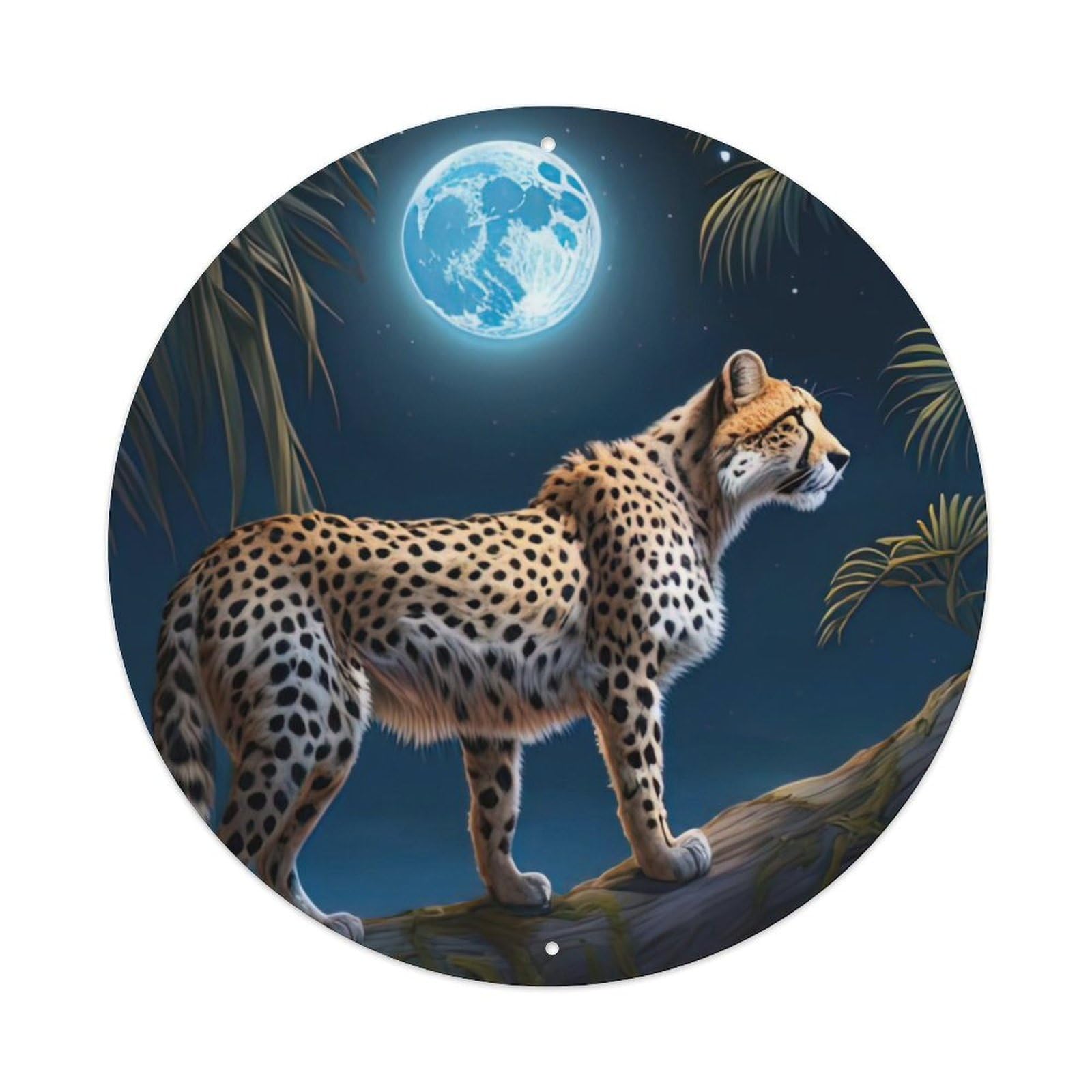 Wildlife Artwork Leopard Under The Moonlight Vintage Metal Tin Sign Plaque Wall Decor for Cafe, Club, Garden Round Metal Poster 8x8Inch