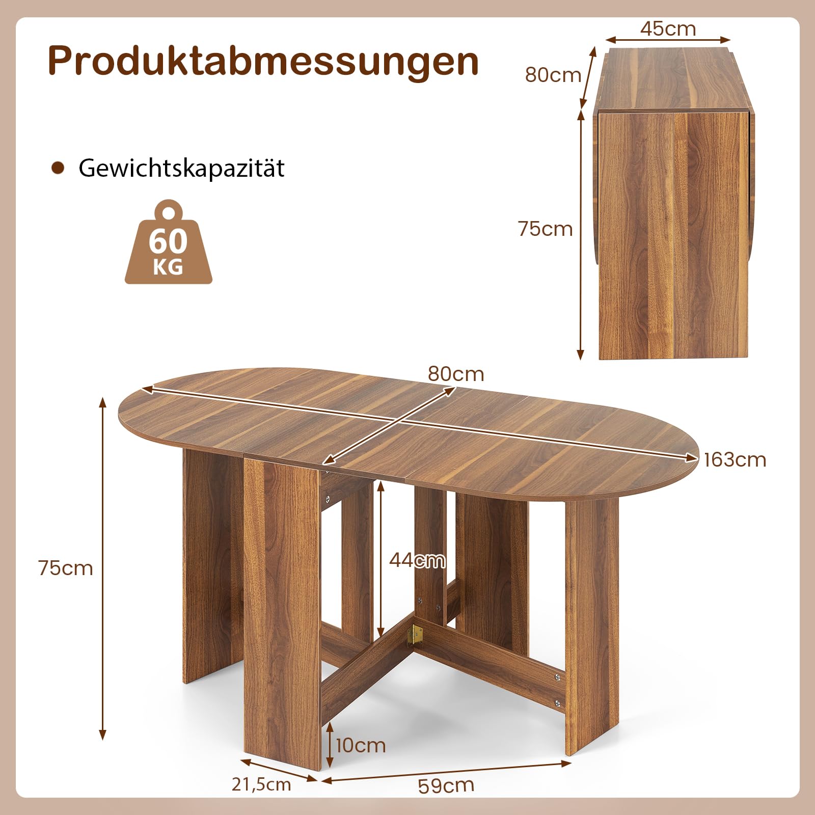 GIANTEX Esstisch klappbar, Klapptisch Küchentisch aus Holz, Esszimmertisch für 4-7 Personen, Funktionstisch Wohnzimmer Esstisch, Ovaler Küchentisch platzsparend flatbar, 163 x 80 x 75 cm (Braun)