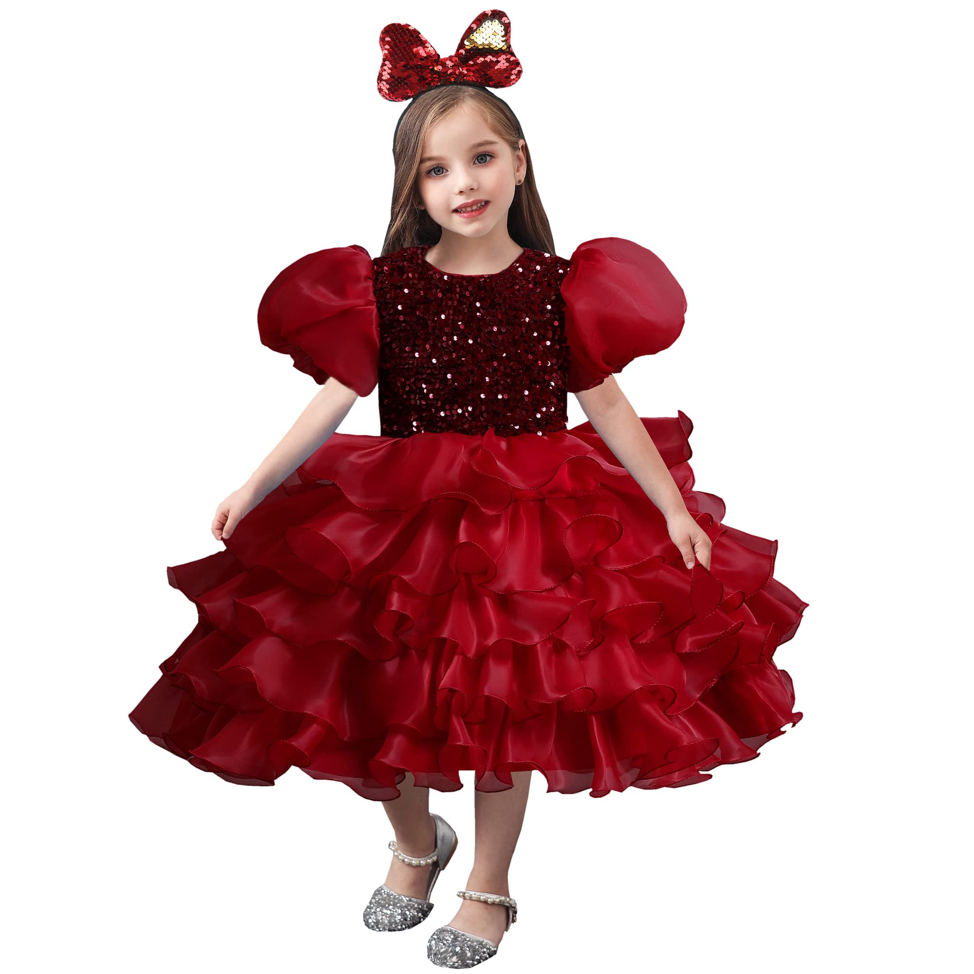 Vestido de lentejuelas infantil cómodo que no pica para fiestas y bodas en color rosso 7