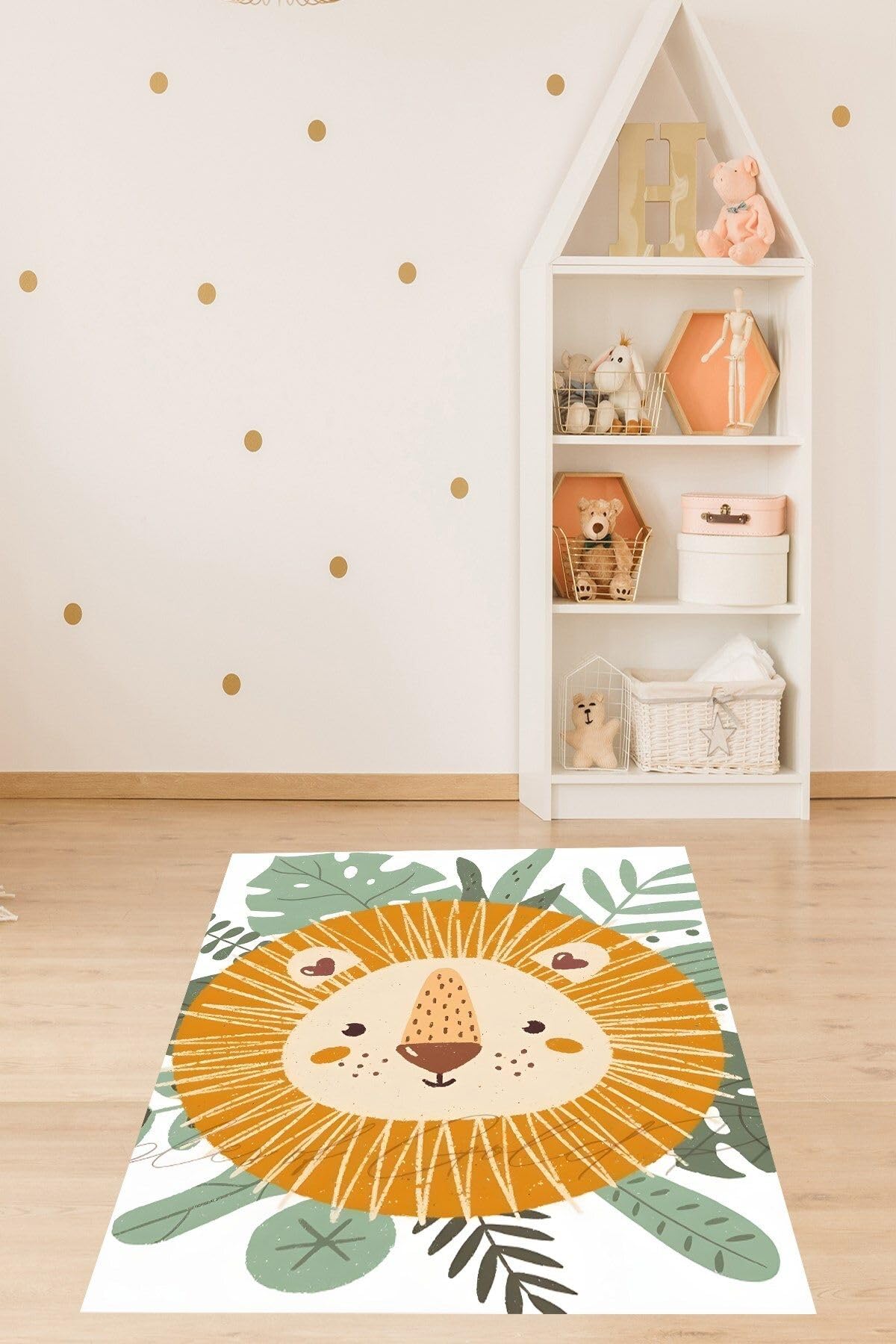 Pelangi Sevimli Aslan ve Tropikal Yapraklar Desenli Yıkanabilir Kaymaz Taban Leke Tutmaz Çocuk Odası Halısık, Yeşil-Beyaz-Gri 120 x 160