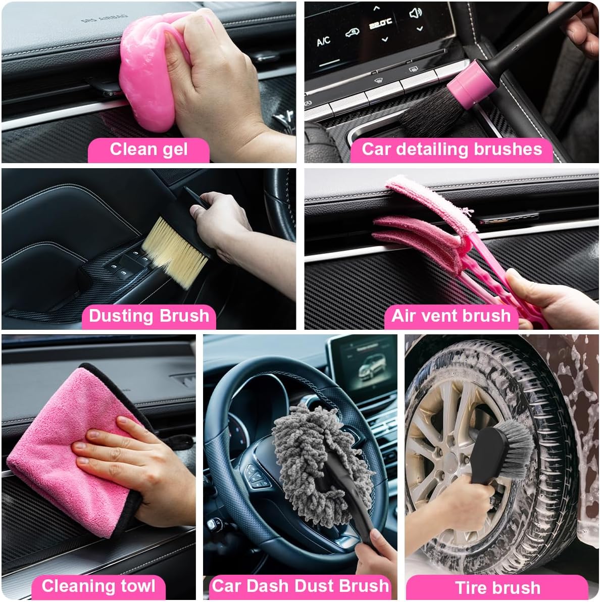Viewsun Car Vacuum Cordless Rechargeable, 8000PA High Power Handheld Vacuum Cleaner with 17PCS Car Cleaning Kit, Pink Auto Accessories for Women Gift