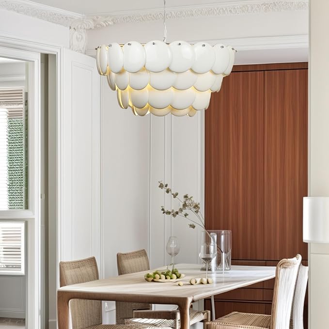 Depuley Depuley Moderne plafondlamp voor woonkamer, 58 cm, hanglamp voor eettafel, witte schelp, in hoogte verstelbaar, 9 x E14-lampen voor eetkamer, slaapkamer, restaurant, gang photo 3