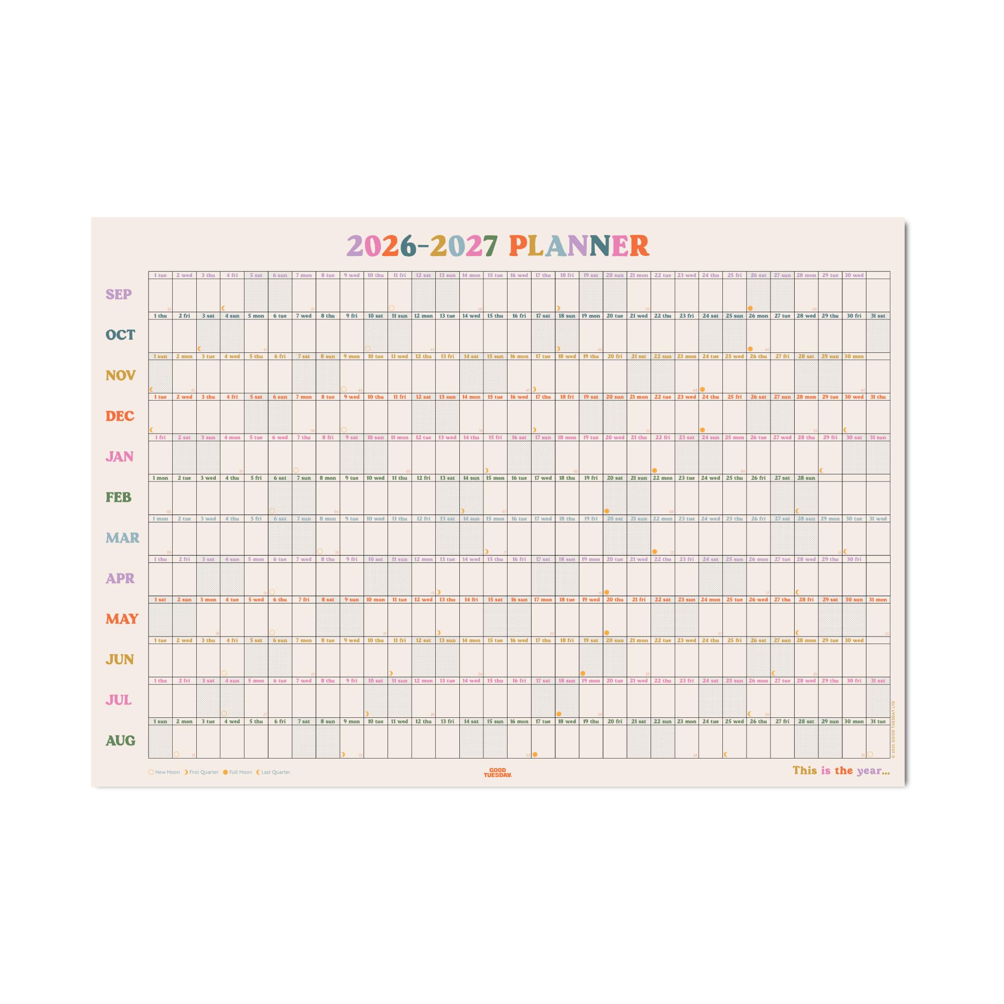 Good Tuesday - 2026-2027 Academic Wall Planner - This is the Year, Landscape - With Week Numbers & Moon Phases - Non-Toxic Vegetable Ink, 100% Recycled Matte Paper, UK Made