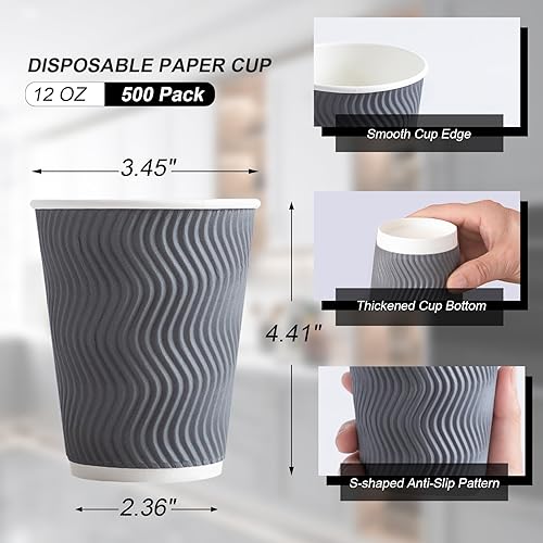 Miniatura 2 de Lamosi 500 tazas de café aisladas de 12 onzas a granel, vasos de papel desechables sin tapas, 12 onzas, diseño de pared ondulada corrugada para