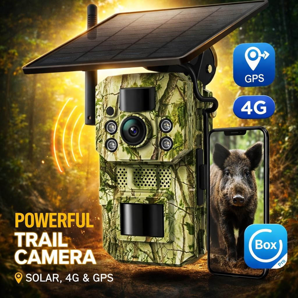 Cámara Fototrampeo 4G con GPS – Compatible con SIM, Solar con Batería, SD 32GB Incluida, Visión Nocturna HD, IP66, Ideal para Exterior y Campo, Compatible con App UBox Pro y UCon (Verde)