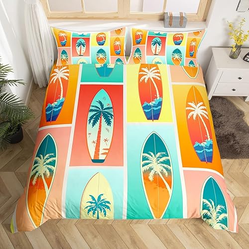 Manfei Juego de funda de edredón de tablas de surf de verano para niños, tamaño matrimonial, juego de ropa de cama de palmeras tropicales de 3
