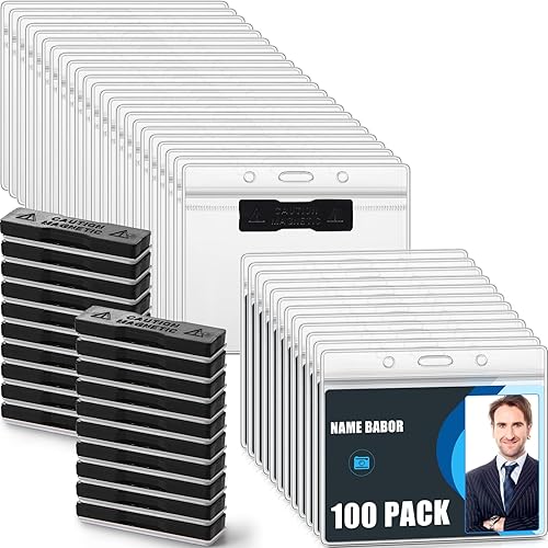 Mimorou Paquete de 100 soportes magnéticos para tarjetas de identificación de 4.5 x 3.9 pulgadas, PVC transparente horizontal con respaldo