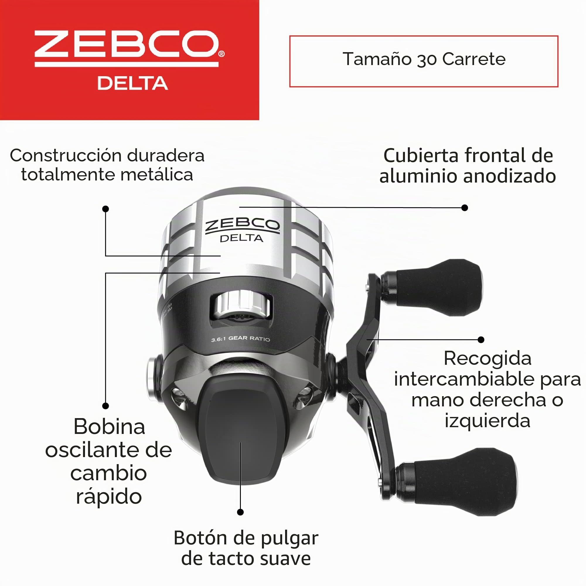 Zebco Delta Spincast - Carrete de Pesca, 5 rodamientos (4 embragues), antirretroceso instantáneo con Arrastre Ajustable en dial, Engranajes Totalmente metálicos