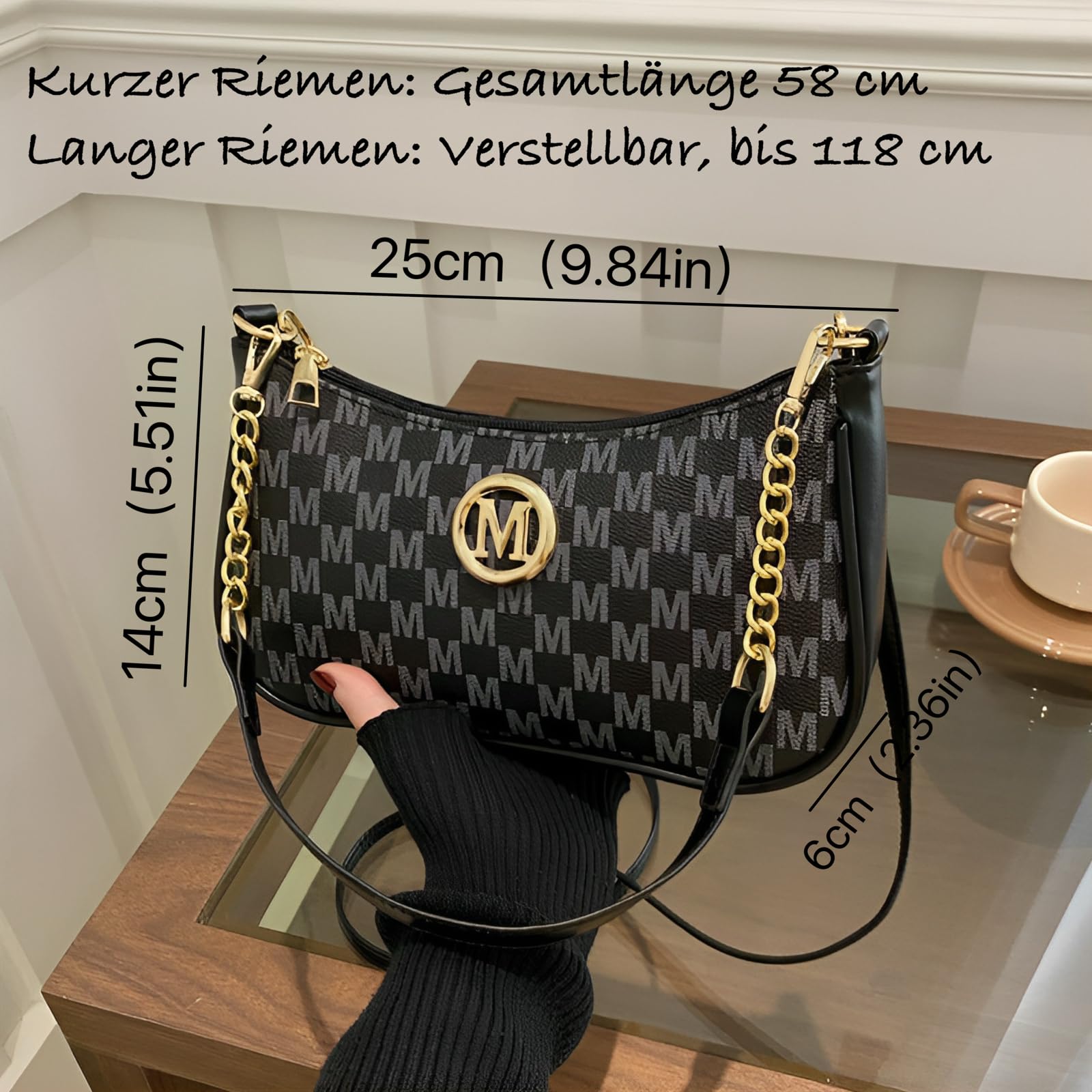 Kleine Handtasche Damen M Buchstaben Muster Elegant Schultertasche Pu Leder Crossbody Taschen Umhängetasche mit Verstellbarer Schultergurt