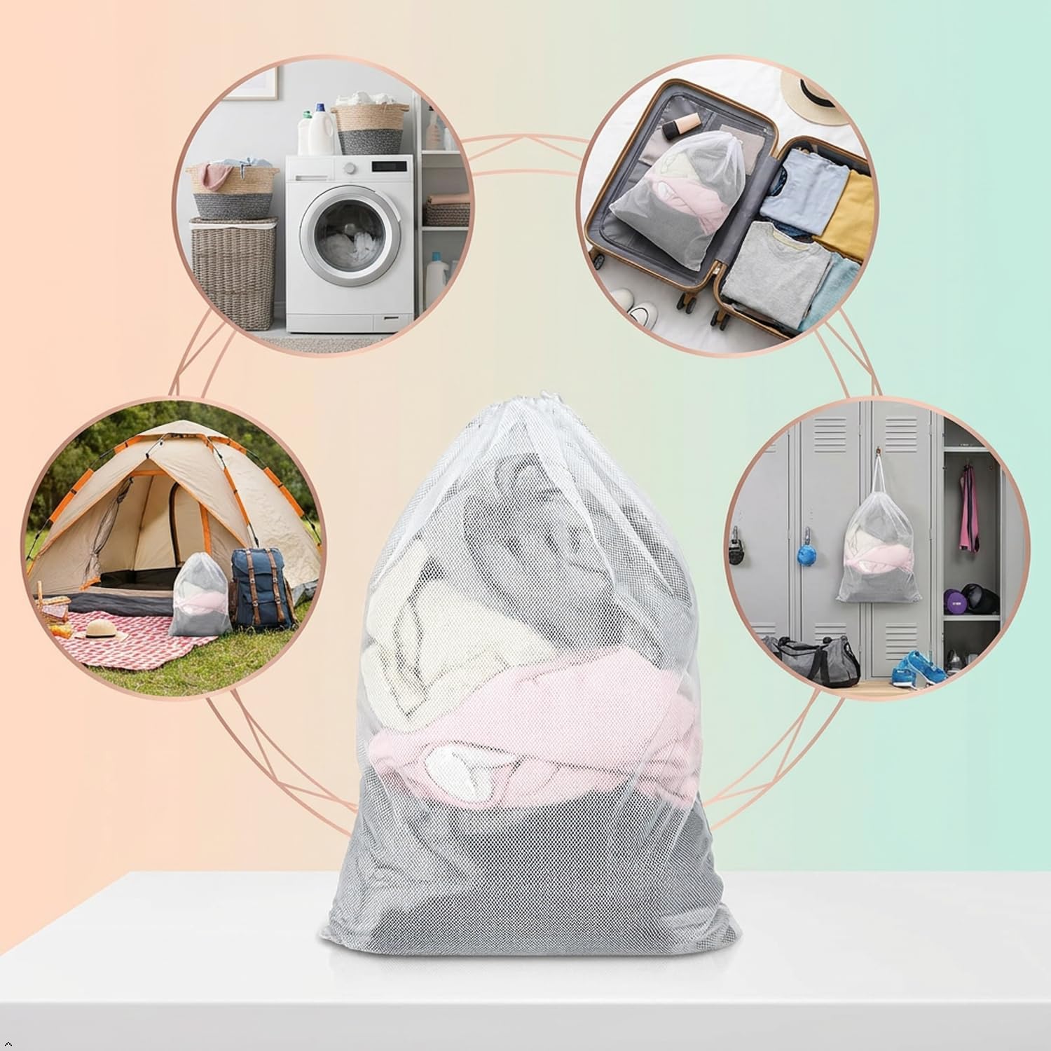 Mesh Laundry Bags, Extra Large Drawstring Bags, White, 23 x 34 Inches, for Clothes, Travel, Dorm, 3 Pack