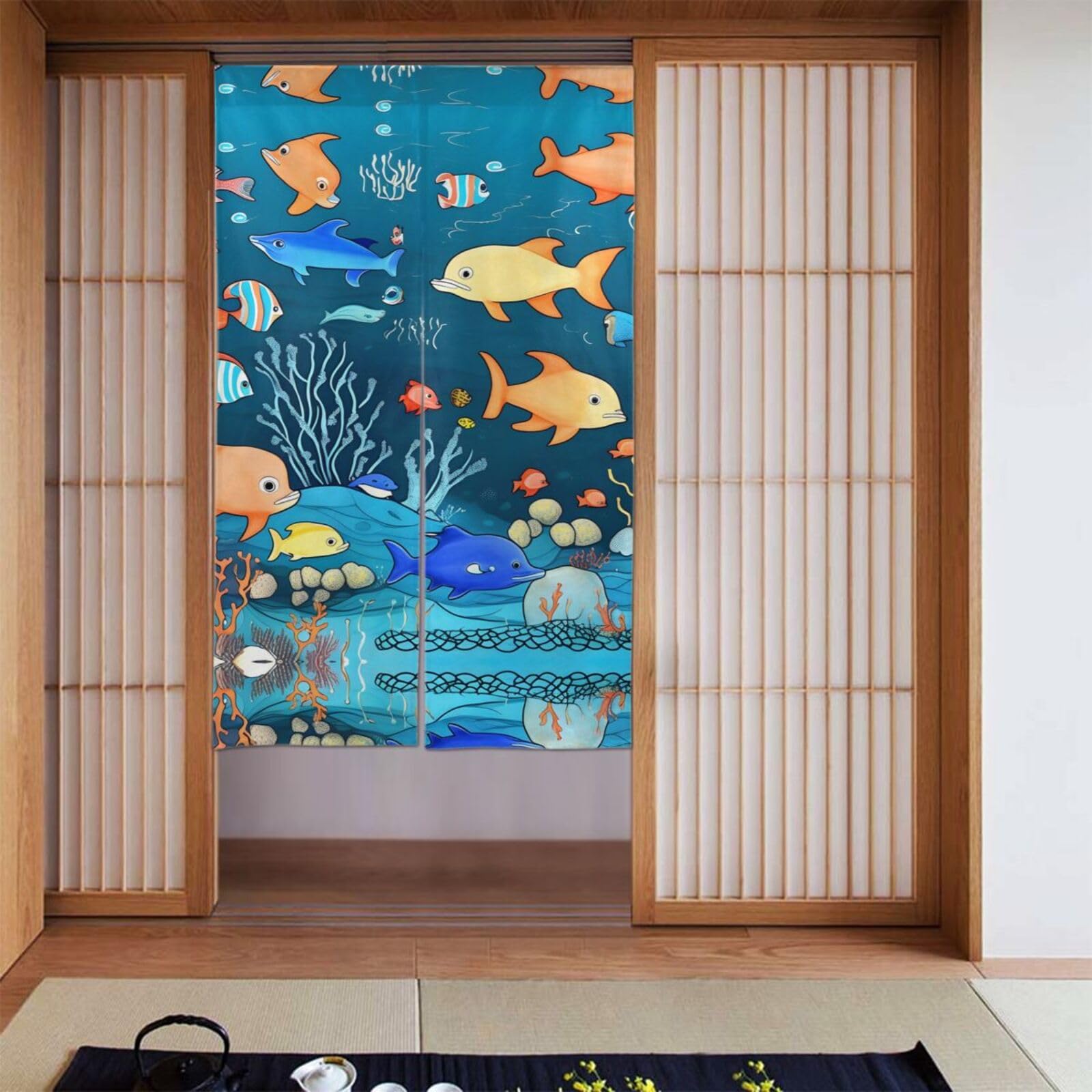 Rideau de porte salle de bain motif poisson pour créer un cocon marin