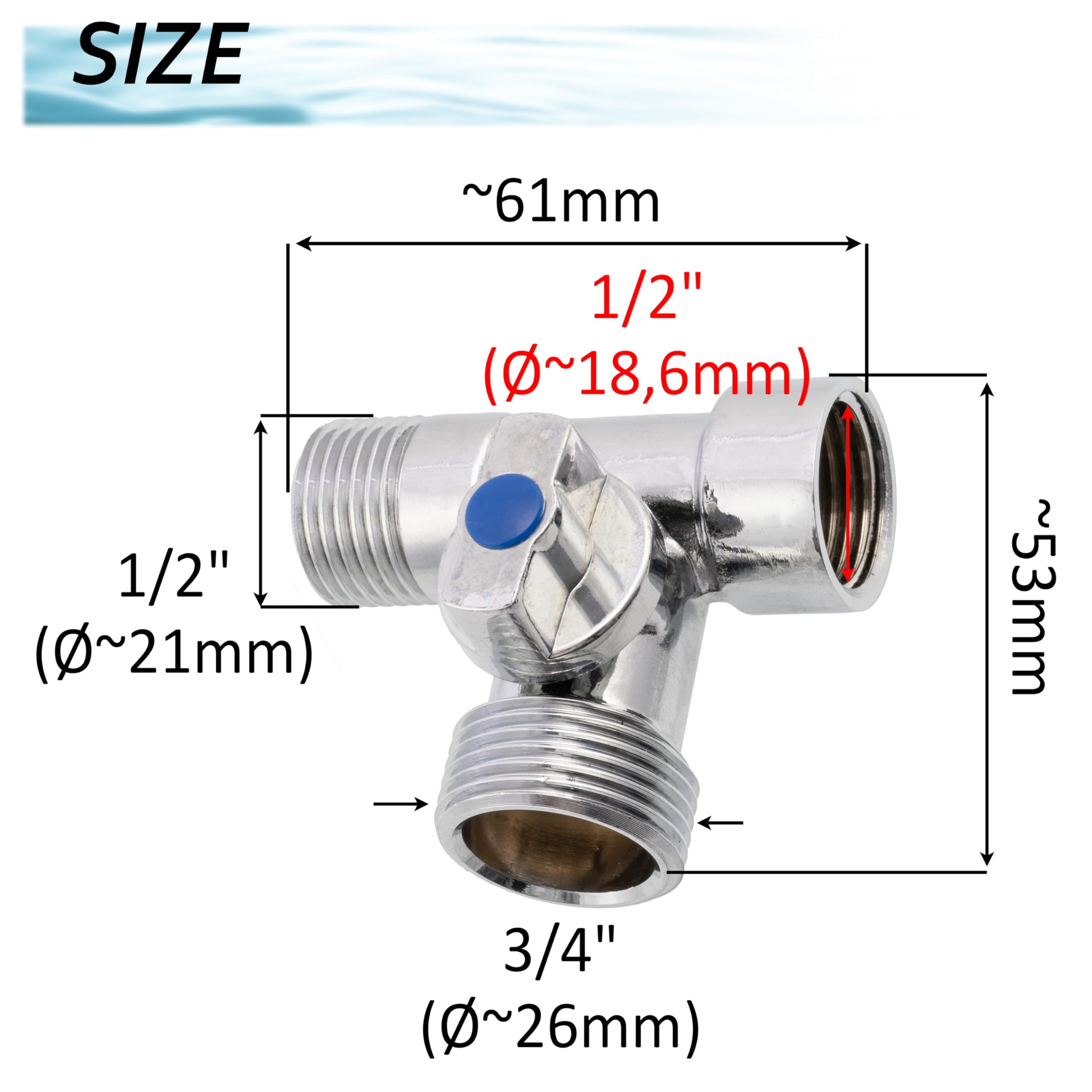 AERZETIX - Vanne à 3 Voies en Laiton - 1/2"x1/2"x3/4" - Finition Nickelée - Robinet d'Eau Sanitaire - Raccord pour Lavabo Salle de Bain Cuisine
