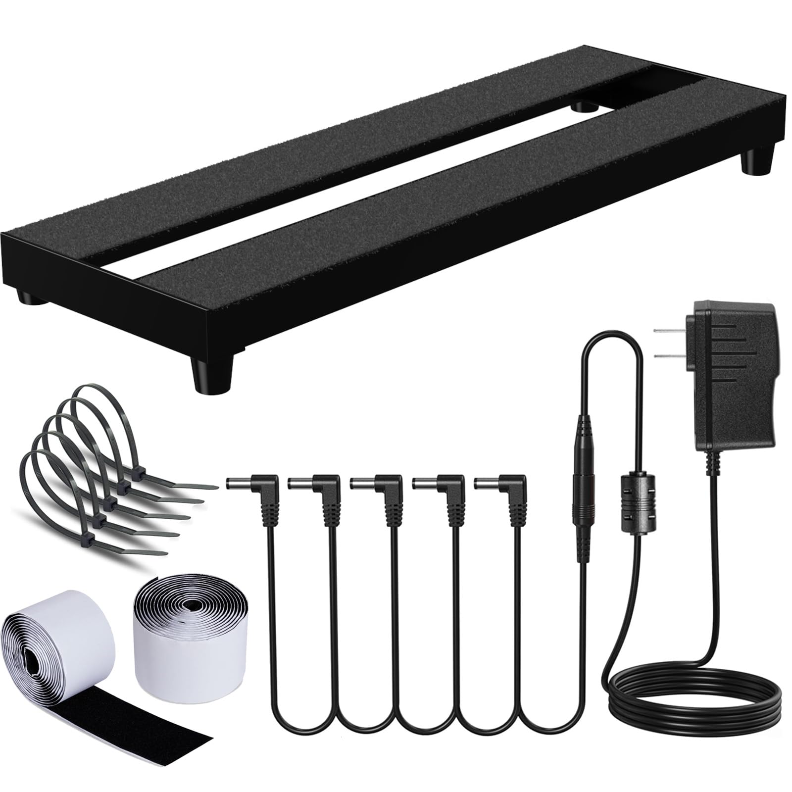 Mini Guitar Pedal Board, Aluminum Alloy 0.9lb Small Effect Bass Pedalboard, 16 * 5.3in, with Pedal Power Supply Adapter 9V DC 1A 2m, 5 Way Daisy Chain Cables, Cable Tie, Black
