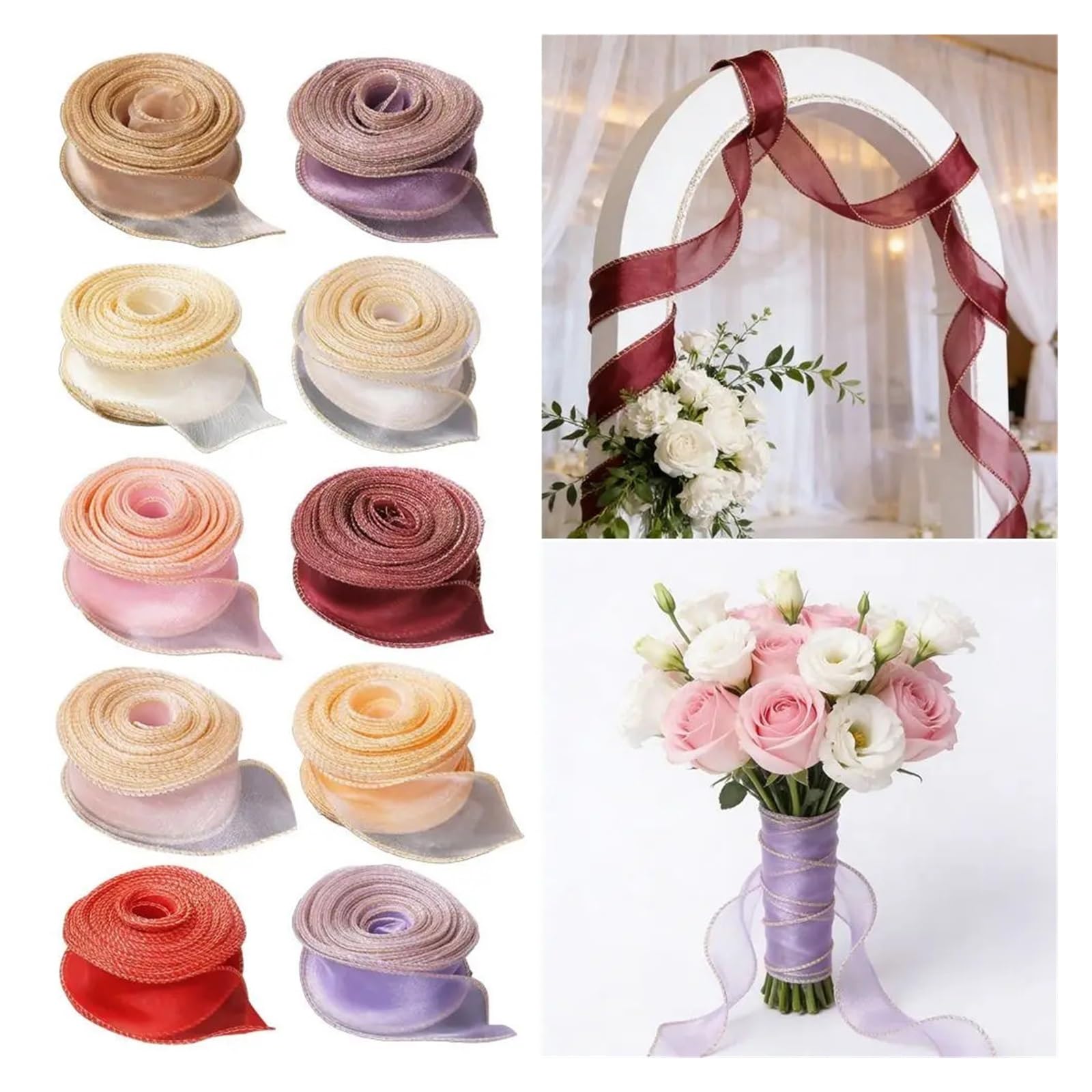 Chiffonband, Organzaband, Drahtdesign, einfarbig, Satin-Garn, Basteln, für Geschenkverpackungen, Urlaubsdekoration, 8 Stück