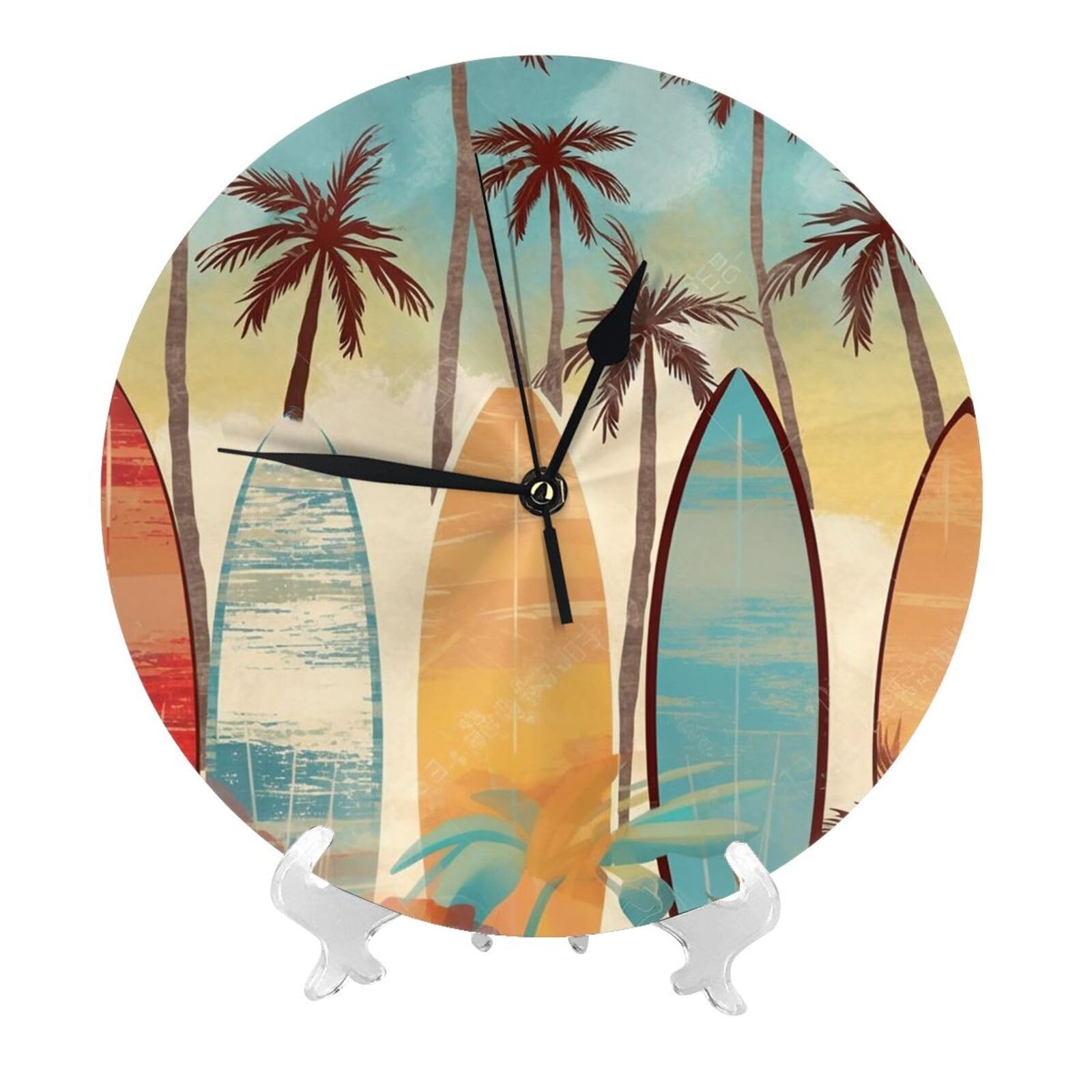 DWVTSLH Surfboard Palm Tree Wall Clock 10 Inch Silent Non-Ticking Modern Clocks Battery Operated - Decorative Wall Clocks for Bedroom Living Room Kitchen Office Wall Decor Gift Idea