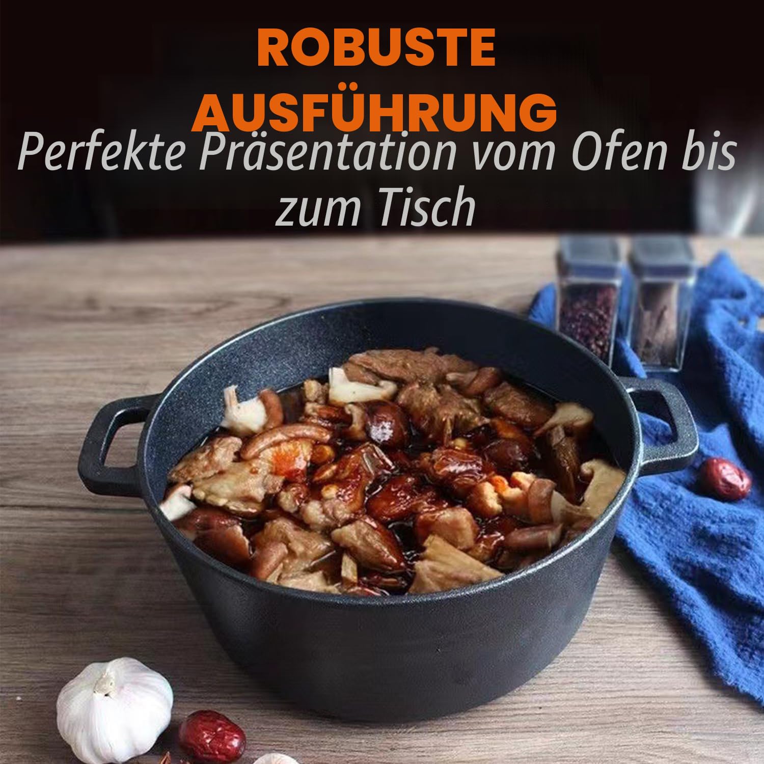 5QT Gusseisen Dutch Oven (Sauerteig-Starter-Set mit Gärkörbchen, Brotritzmesser & Deckel – ideal zum Brot Backen) (Familien-Kochen, Braten, Schmoren & BBQ)