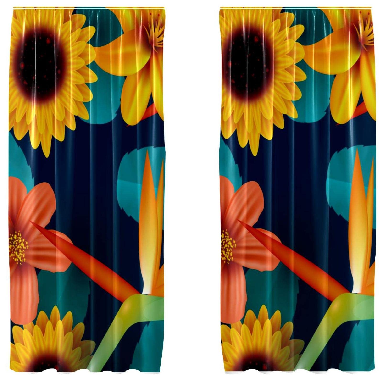 Cortinas de ventana de alta calidad 2 piezas diseño girasol amarillo y hojas azules
