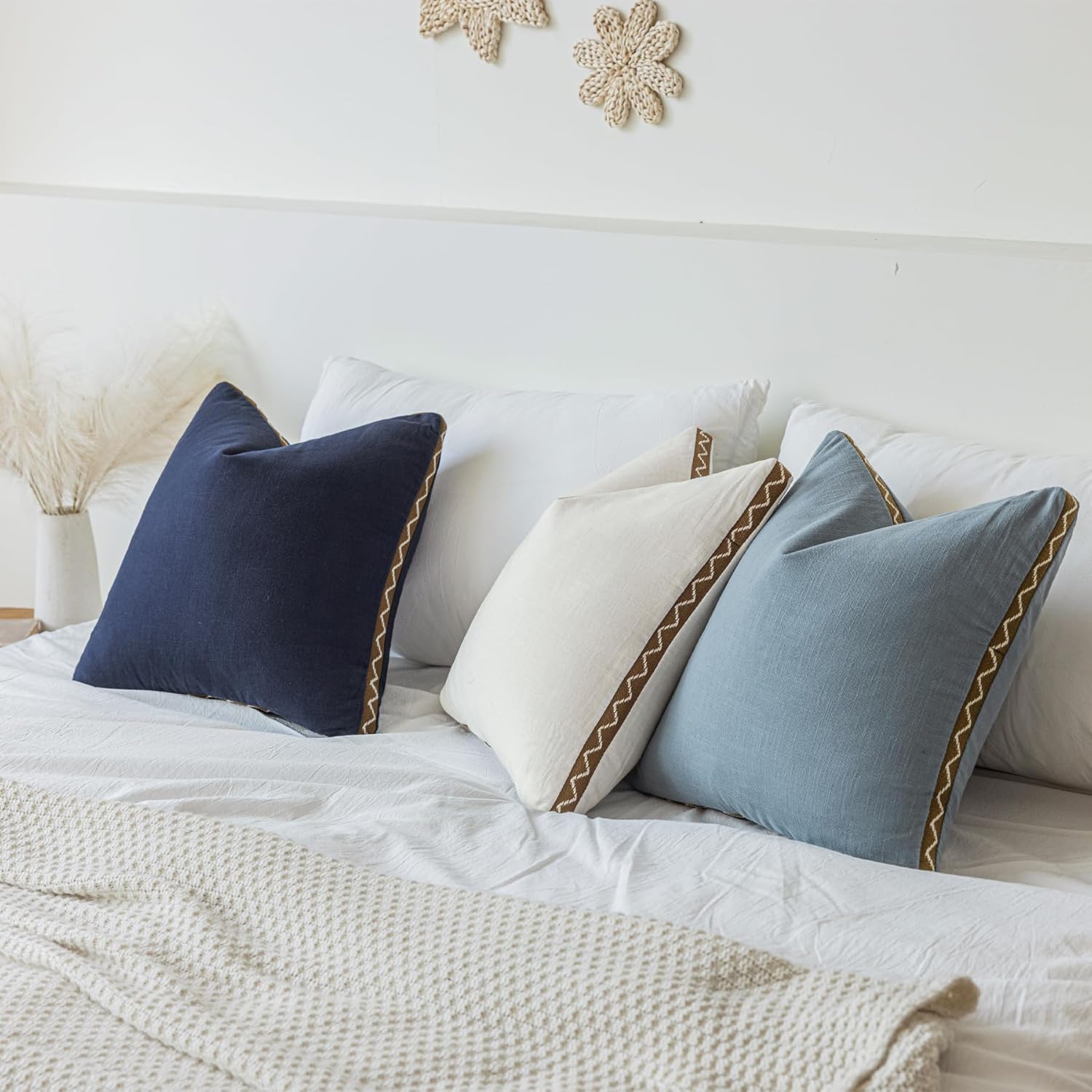 Decorative Neutral Linen Throw Pillow Covers 18x18 Inch Set of 2, Navy Blue Boho Farmhouse Pillow Covers with Braid Fringe for Sofa Bed Modern Couch Pillow Cases for Organic Home Decor