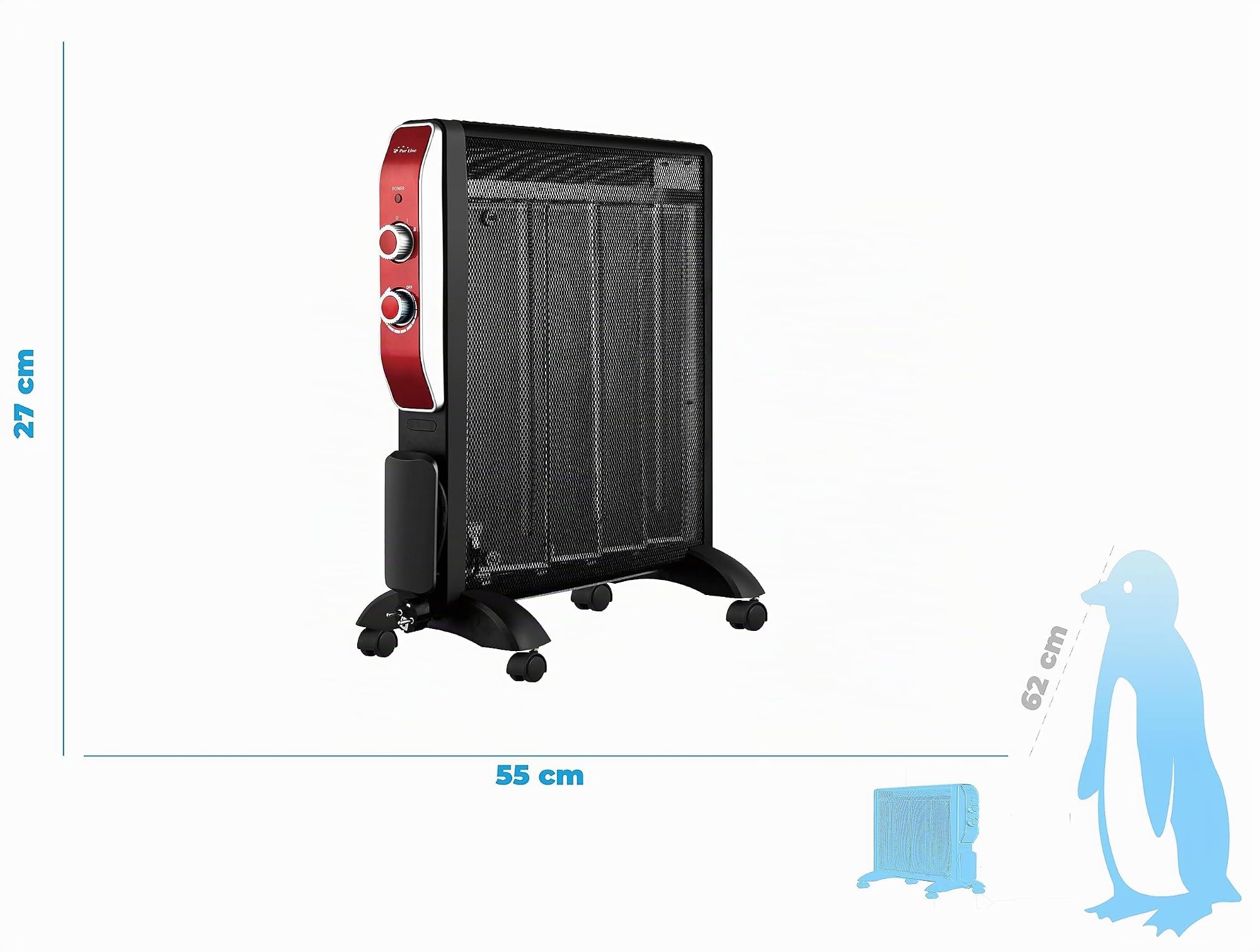 PURLINE | Radiador Eléctrico de Mica de Bajo Consumo (2000W) en Negro - Radiador Eléctrico Termostato, Protección y Ruedas