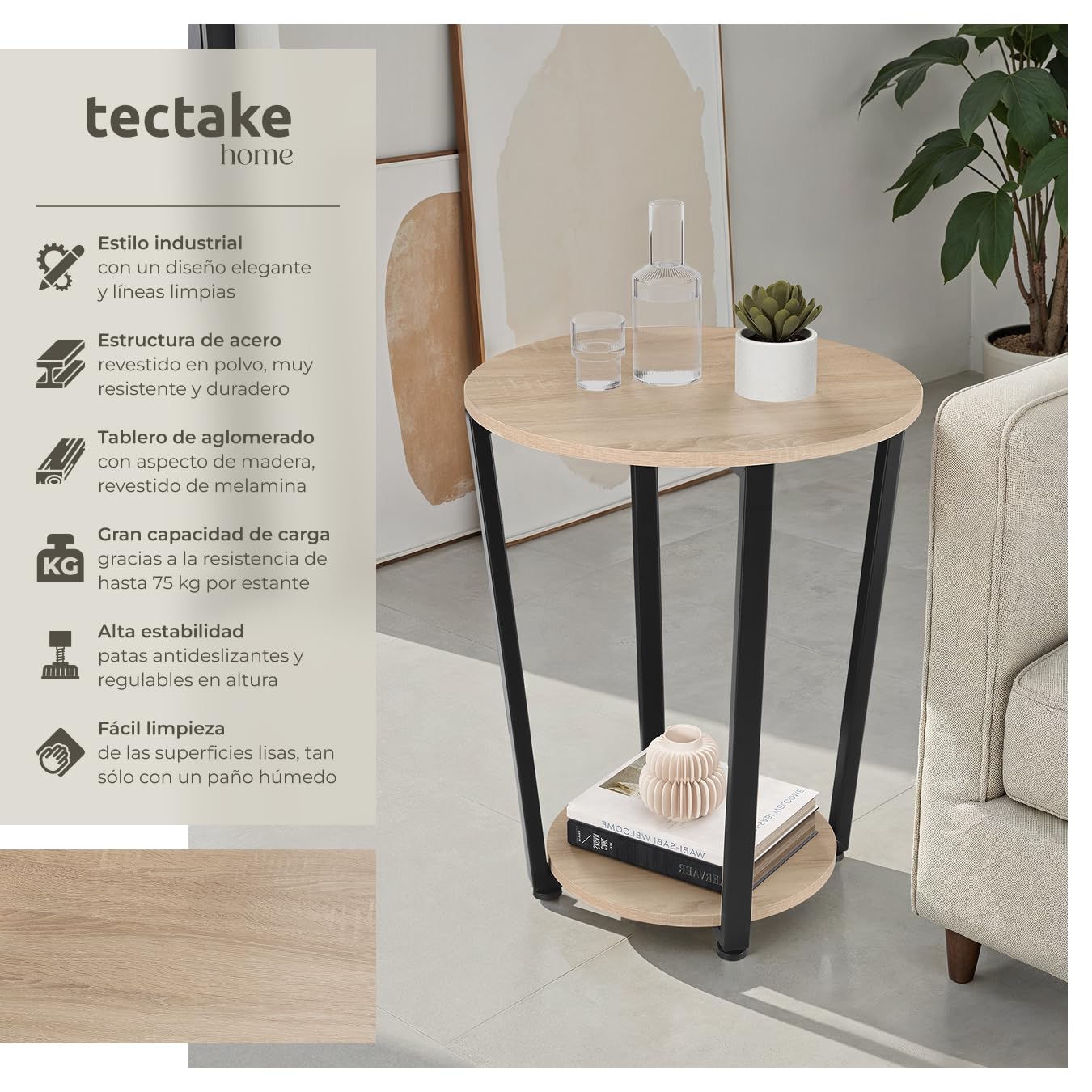 tectake® Mesa Auxiliar Redonda con Pies Ajustables, para Salon cómo Mesa de Centro o Dormitorio cómo Mesitas de Noche, Decoracion Hogar - 50 x 50 x 62,5 cm Madera Industrial Clara, Roble Sonoma