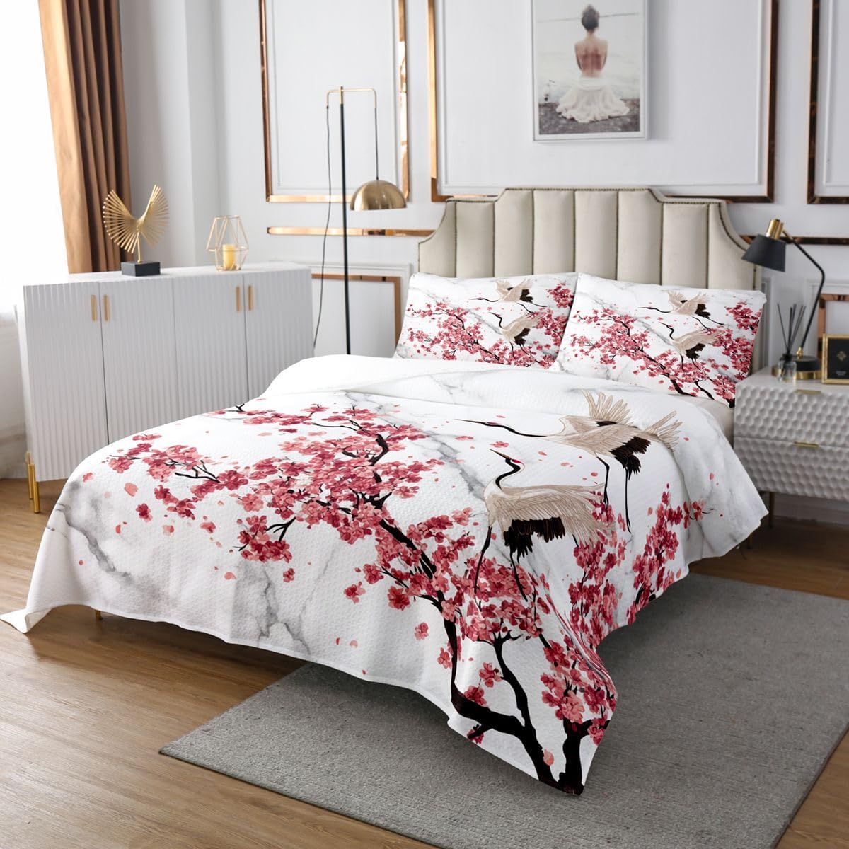 Erosebridal Japanese Style King Quilt Set Chic Cherry Blossoms Coverlet Set, Grey White Marble Bedding Set Oriental Exotic Style Bedspread Set, Wild Crane Bed Quilt with 2 Pillowcase