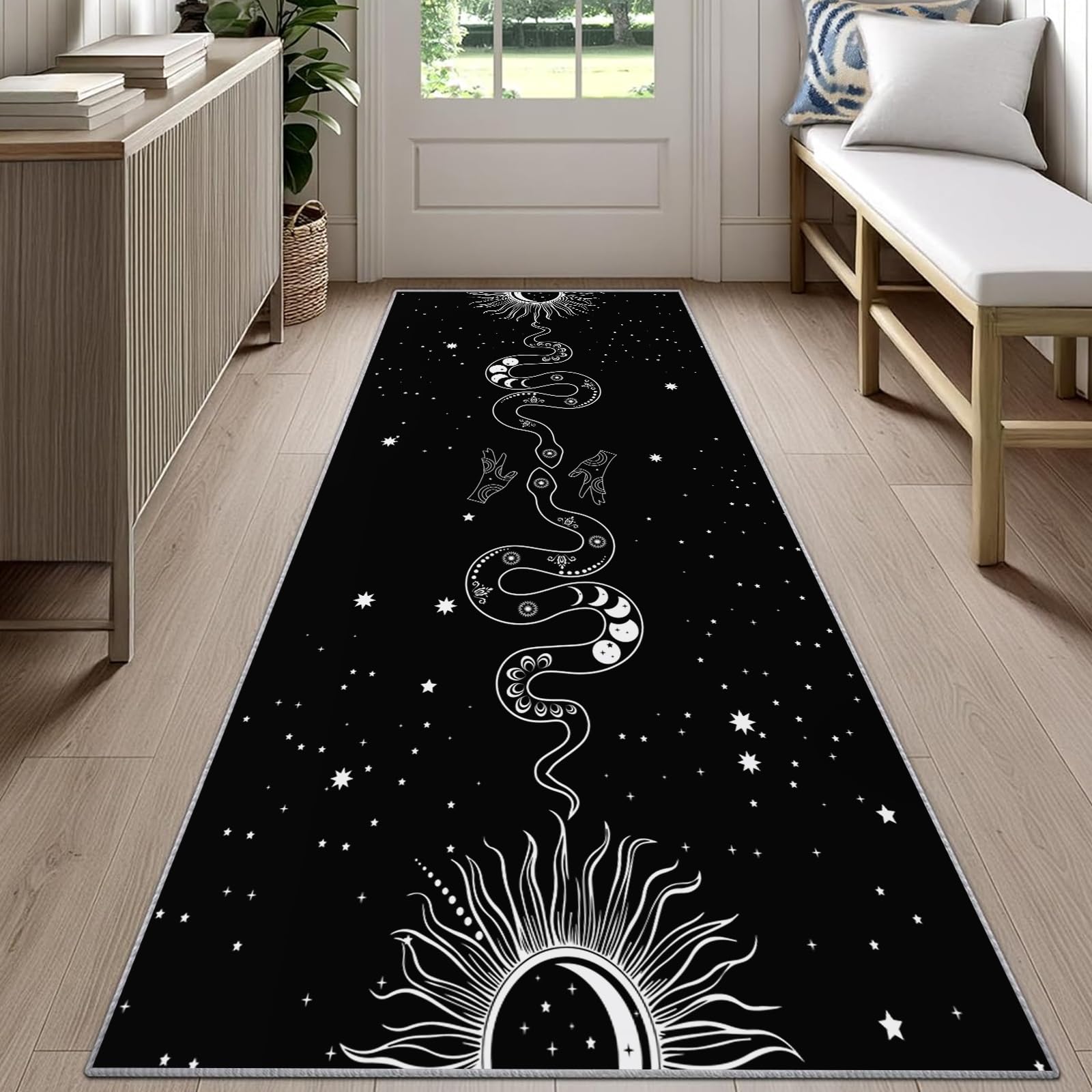 Rustic Cabin Boho Snake Runner Rug for Hallway 120x360cm Galaxy Snake Carpet Runner, Gothic Sun Moon Star Long Carpet, Machine Washable Rug for High Traffic Areas in Hallway