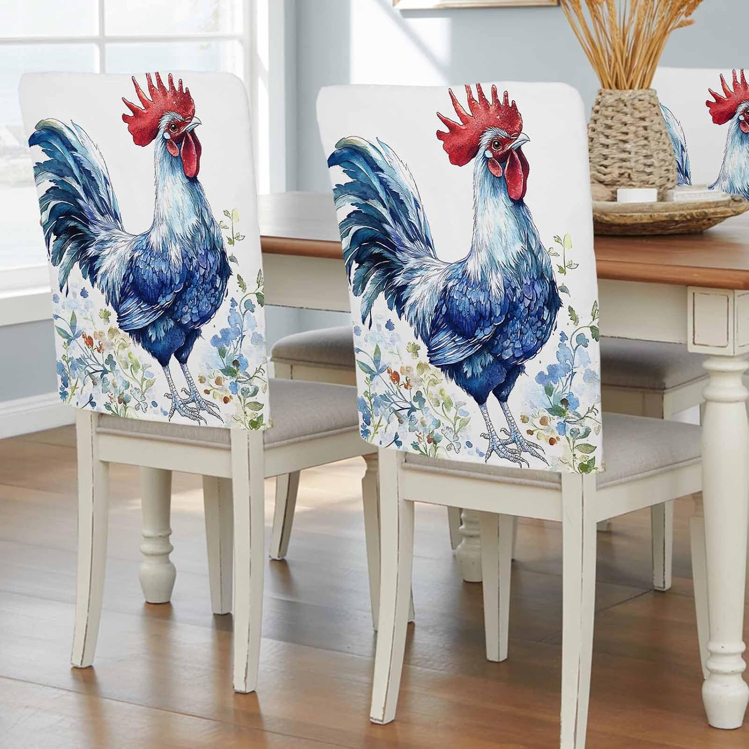 Vintage Blue Rooster Chair Back Covers Farmhouse Rustic Flower Country Animal Set of 6 Dining Room Stretch Slipcovers, Removable Seat Protector for Kitchen Home Hotel Decor