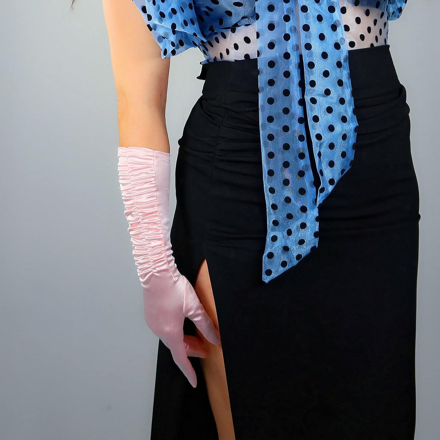 Satin Gloves 5pairs Satin Pink Gloves RUCHED 40cm Elbow Long Stretch Solid Silk