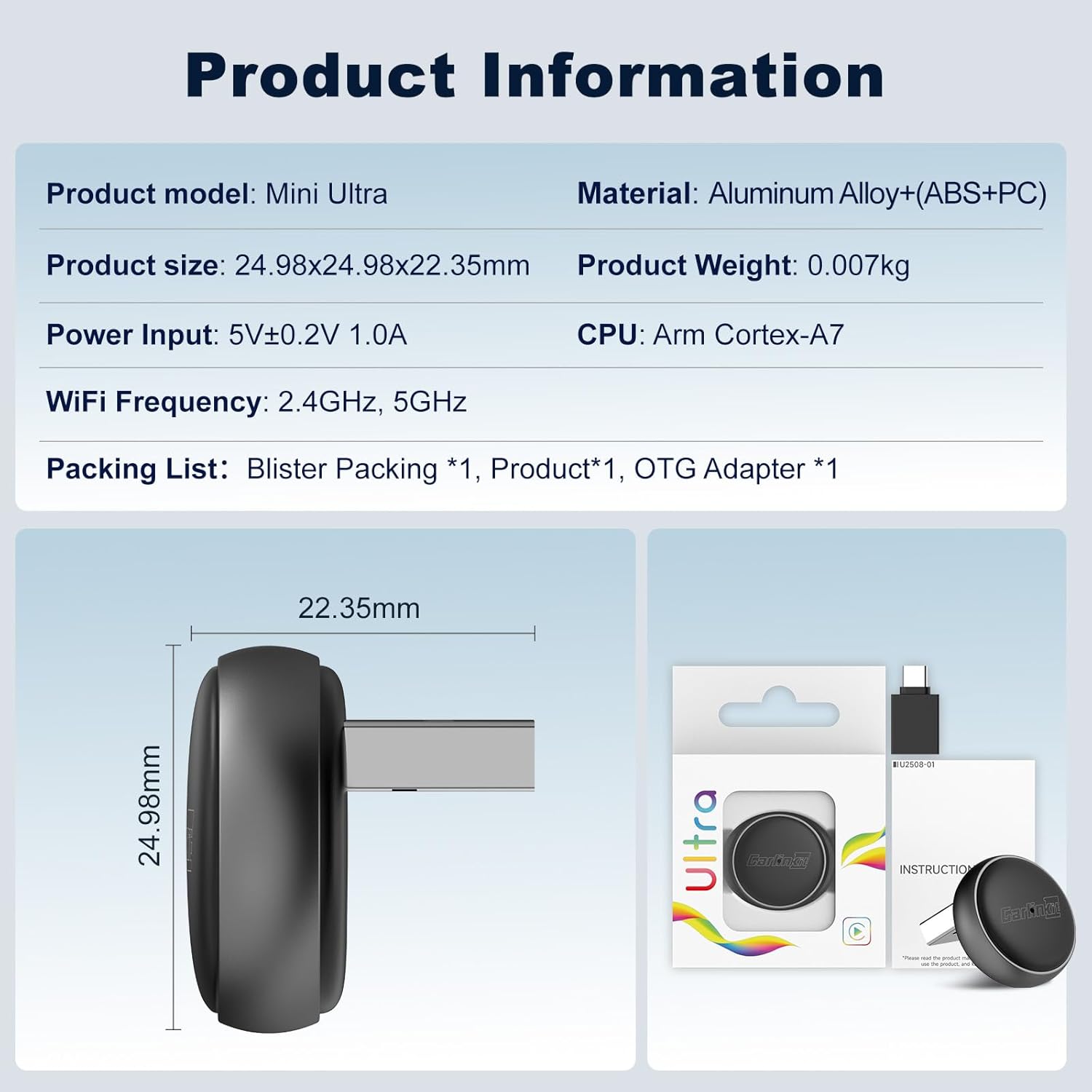 Carlinkit Mini Ultra Wireless CarPlay & Android Auto Adapter, Convert Factory Wired to Wireless, USB-A/USB-C Fast Connection for iPhone & Android 11+, Plug & Play Car Play Dongle, OTA Upgrade