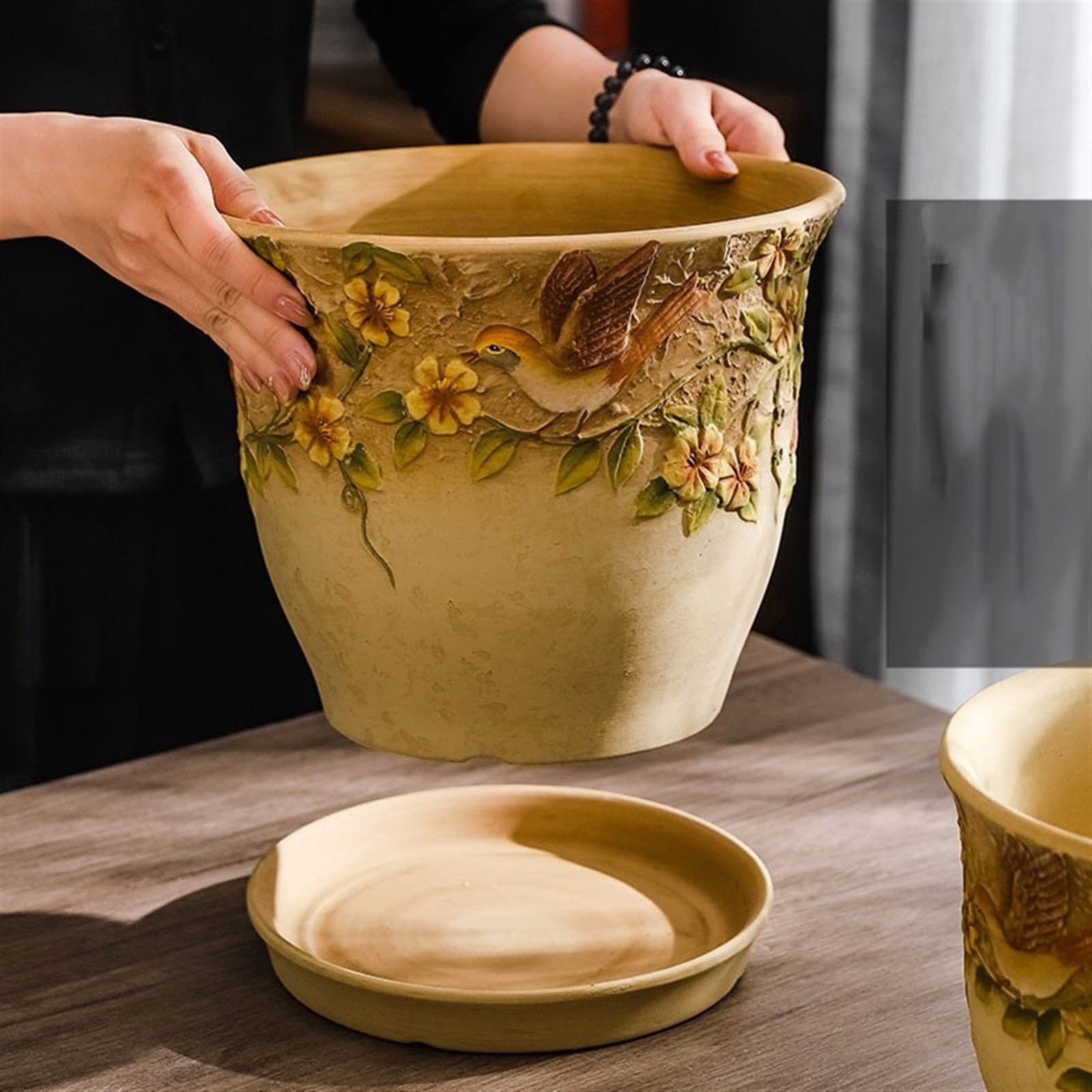 Doniczka kwiatowa Ceramiczna doniczka z tacą kreatywna ulga ręcznie malowana doniczka w stylu retro duża doniczka z otworem spustowym taca Doniczki na Rośliny (Size : XL)