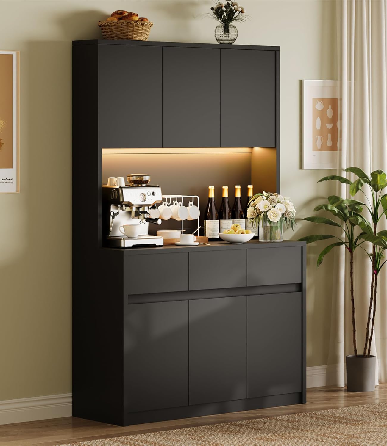 Garvee Kitchen Pantry Storage Cabinet, Tall Storage Cabinet with Doors and Shelves, Kitchen Storage Hutch with Microwave Stand, Led Lights and Charging Station, Corner Pantry Cabinet, Black