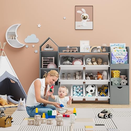Miniatura 3 de Organizador de almacenamiento de juguetes para niños, estantería gris con 8 contenedores de juguetes extraíbles, organizadores de almacenamiento de