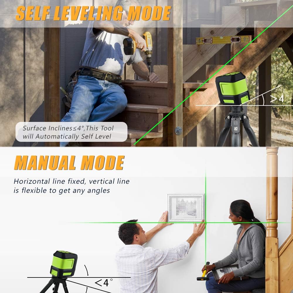 Line Laser Level Tool – 100ft Green Self Leveling Laser Line Level with Horizontal and Vertical Line Laser leveler for Indoor Outdoor Picture Hanging Construction Wall Writing Tile Installation - - 