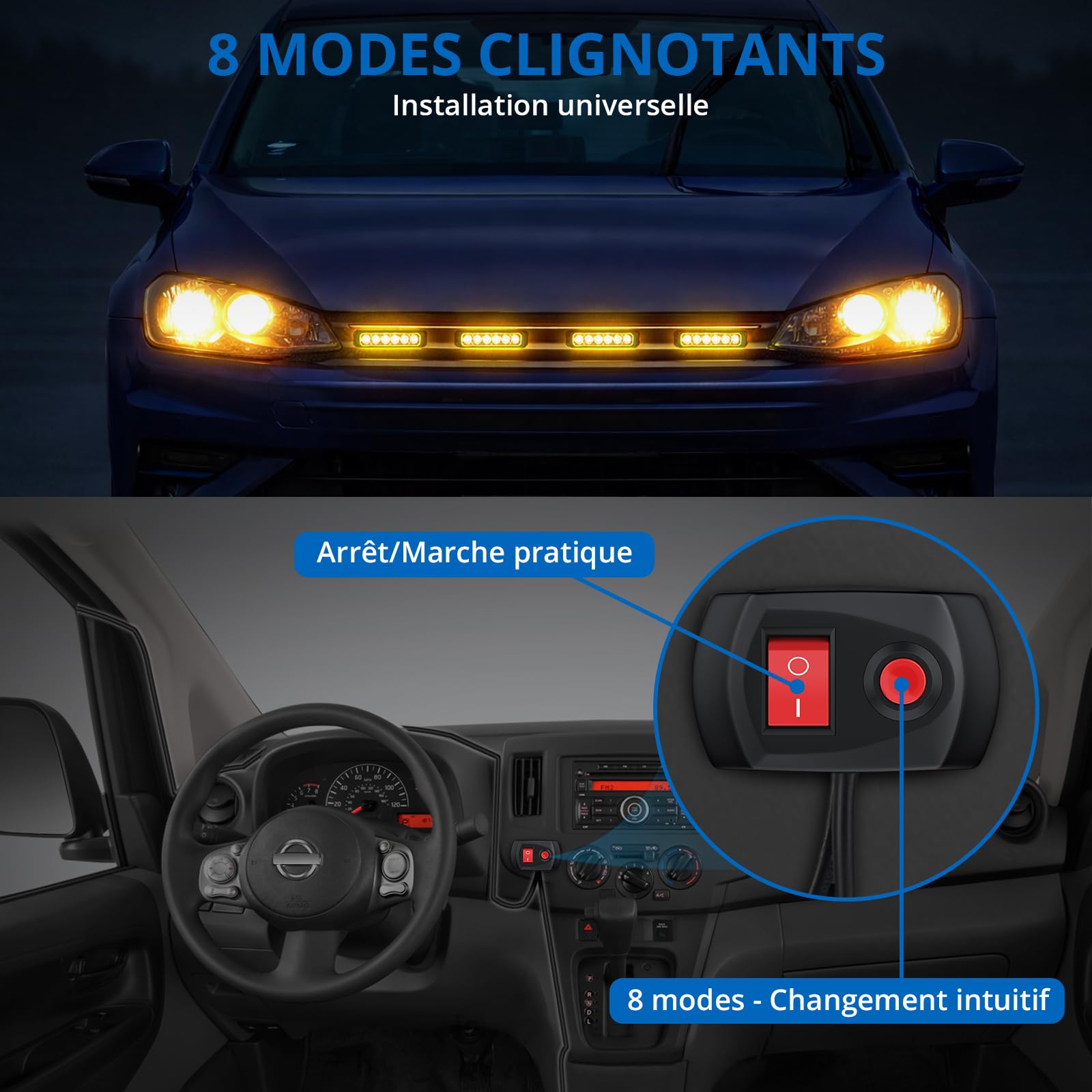 4 PCS 6 LED Lampes stroboscopiques Feux d’urgence | 8 Modes de Flash, pour Voiture Camion Tracteur Pick-up, 12V 24V, Ambre, IP65 Étanche, Feux de Pénétration, Approuvés E-mark