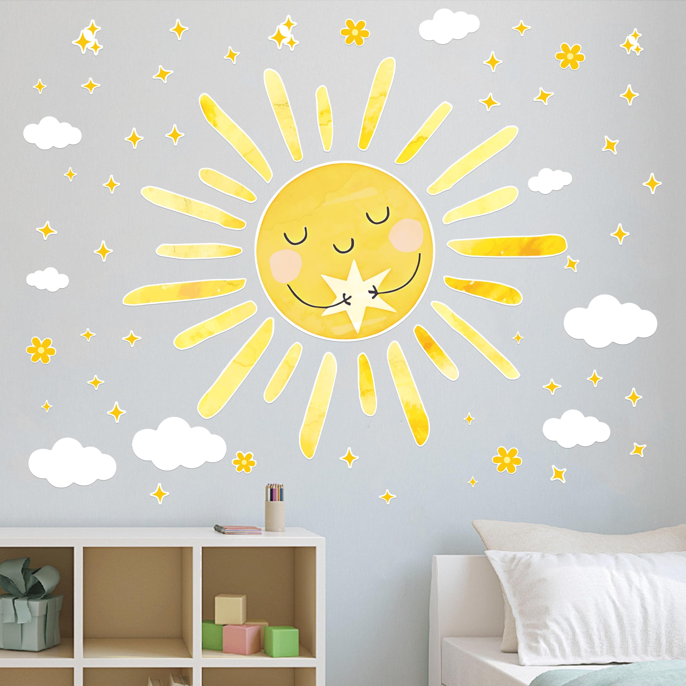 Stickers muraux phosphorescents soleil jaune et étoiles pour décoration de chambre d'enfant
