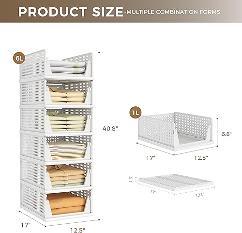 Miniatura 2 de Pinkpum Paquete de 6 organizadores de armario, cesta apilable de plástico para ropa, contenedores de almacenamiento apilables para estantes,