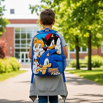 Sonic The Hedgehog Kids Backpack School Bag Full Size 17 Inch with Tails Shadow Character Rucksack Boys Girls Travel Bookbag with Mesh Pocket.