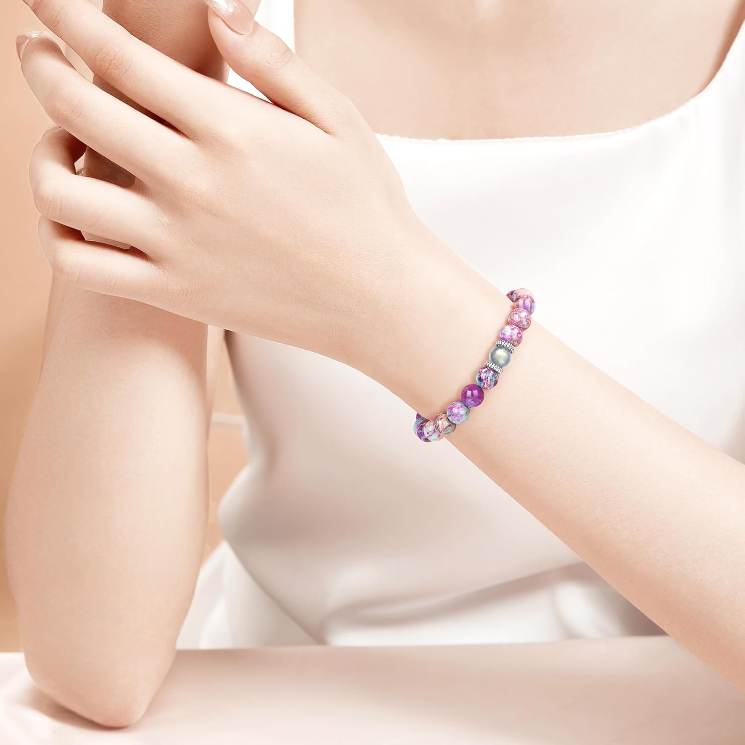 JoycuFF 𝗚𝗶𝗳𝘁𝘀 𝗳𝗼𝗿 𝗪𝗼𝗺𝗲𝗻 𝗠𝗼𝗼𝗻𝘀𝘁𝗼𝗻𝗲 𝗕𝗿𝗮𝗰𝗲𝗹𝗲𝘁 Colorful Imperial Jasper Natural Stone Bracelets Valentines Day Birthday Gifts for Her Daughter Granddaughter Sister Niece - Image 7