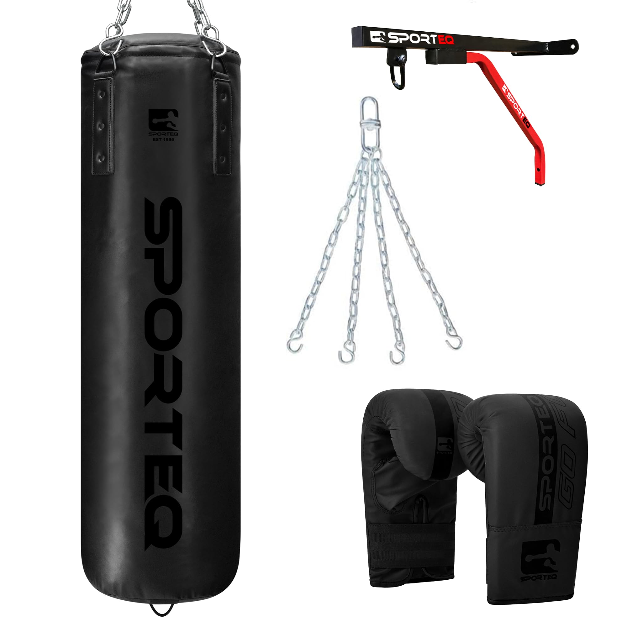 Sporteq Dyno Filled Heavy Boxing Punch Bag 3FT, 4FT & 5FT for All Ages | Punching Martial Arts Kickboxing Muay Thai Karate | Home & Gym Use (5FT Punch Bag + Wall Bracket + Boxing Gloves + Chain)