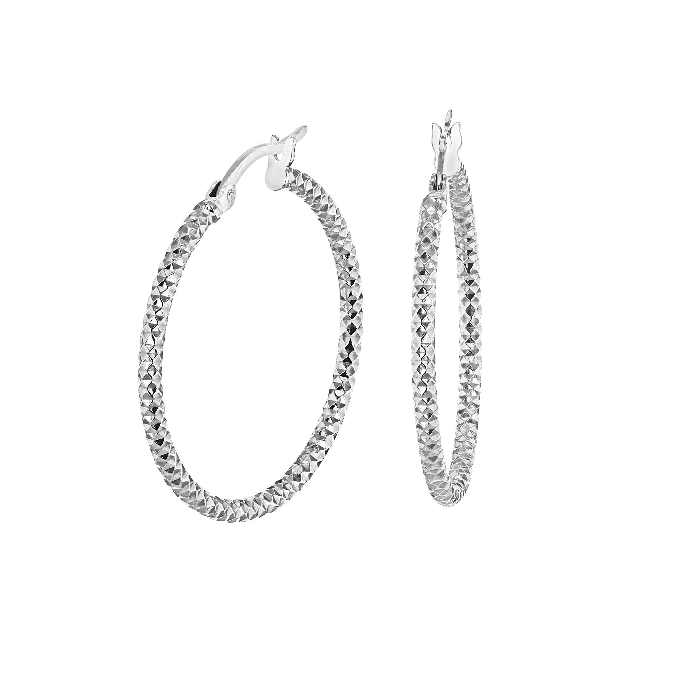 Tuscany SilverWomen's Sterling Silver Rhodium Plated Diamond Cut Creole Hoop Earrings