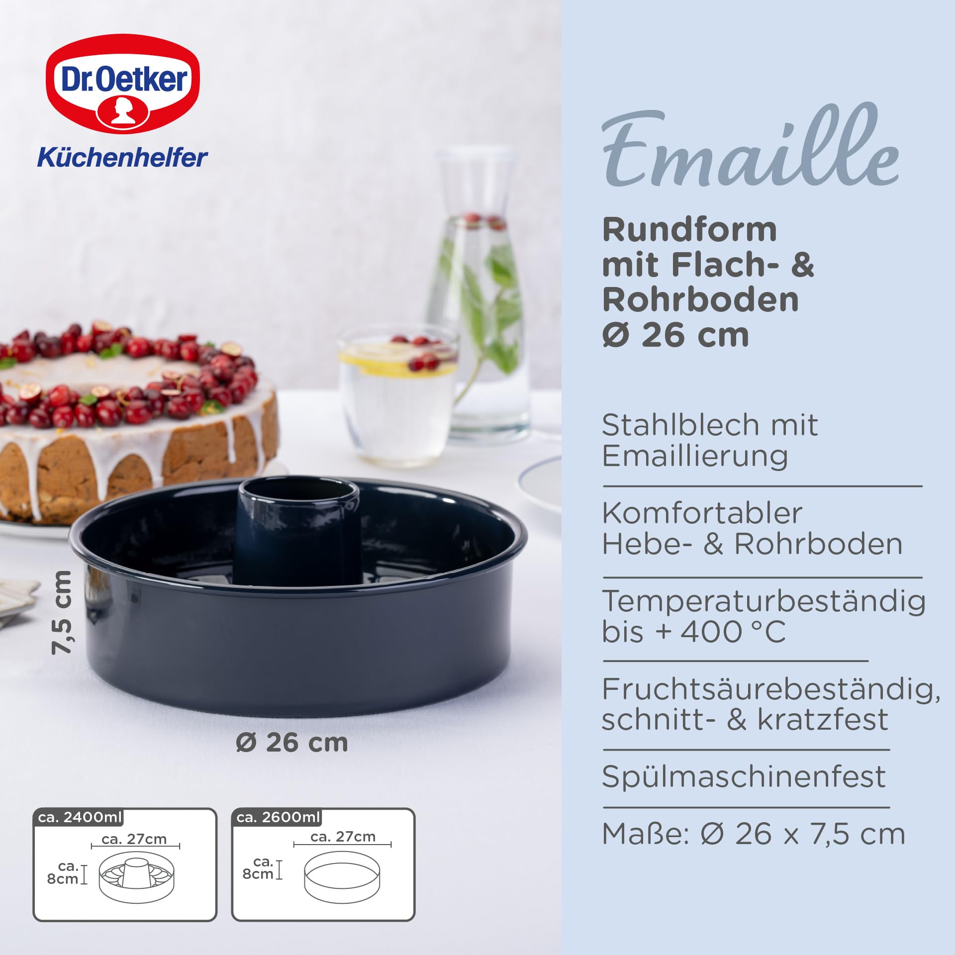 Dr. Oetker Garantieform Ø 26 cm Back-Liebe Emaille mit Flachboden und Rohrboden – Runde Ring-Backform mit schnitt- & kratzfestem Emaille-Boden – 26er Kuchenbackform für Kuchen und Torten