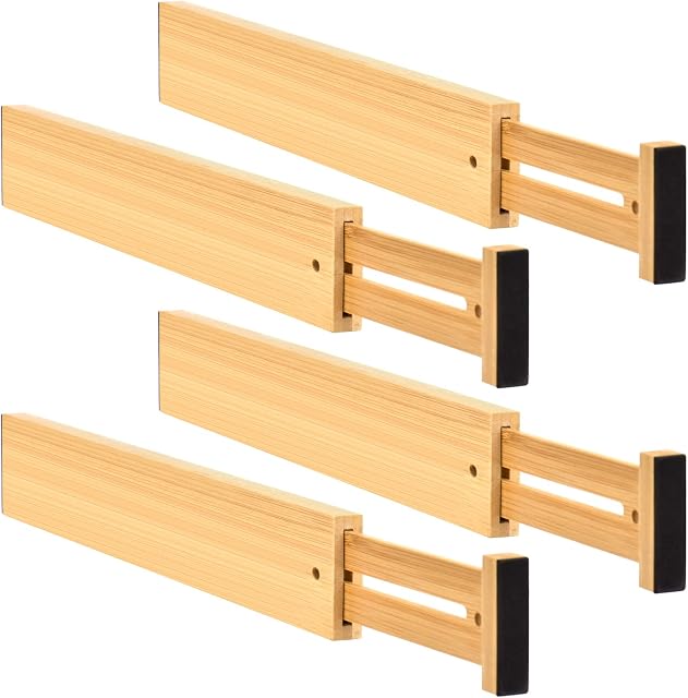 4 PCS Adjustable Bamboo Drawer Dividers Queta Expandable Drawer Organisers,Spring Loaded Drawer Organisation Separators for Kitchen, Clothes, Bathroom, Baby Drawer, Tools