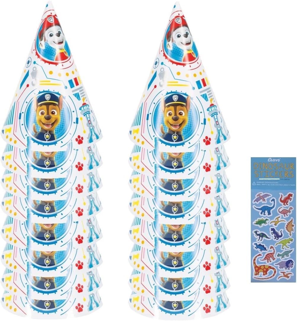 Unique Paw Patrol Birthday Party Supplies Bundle Pack includes Party Cone Hats and 1 Dinosaur Sticker Sheet - 16 Hats