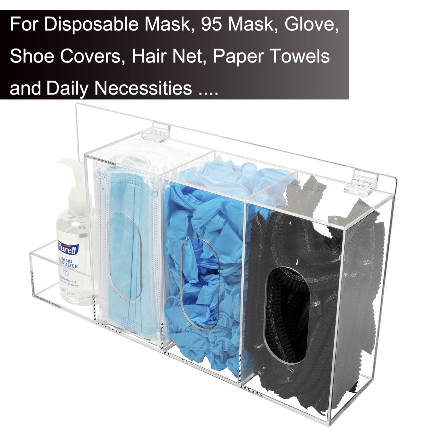 SEANADO Dispensador de guantes y desinfectante de manos con tapa, acrílico transparente, para montaje en pared o como expositor de mesa con 4 compartimentos para mascarillas, cubrezapatos, redecillas