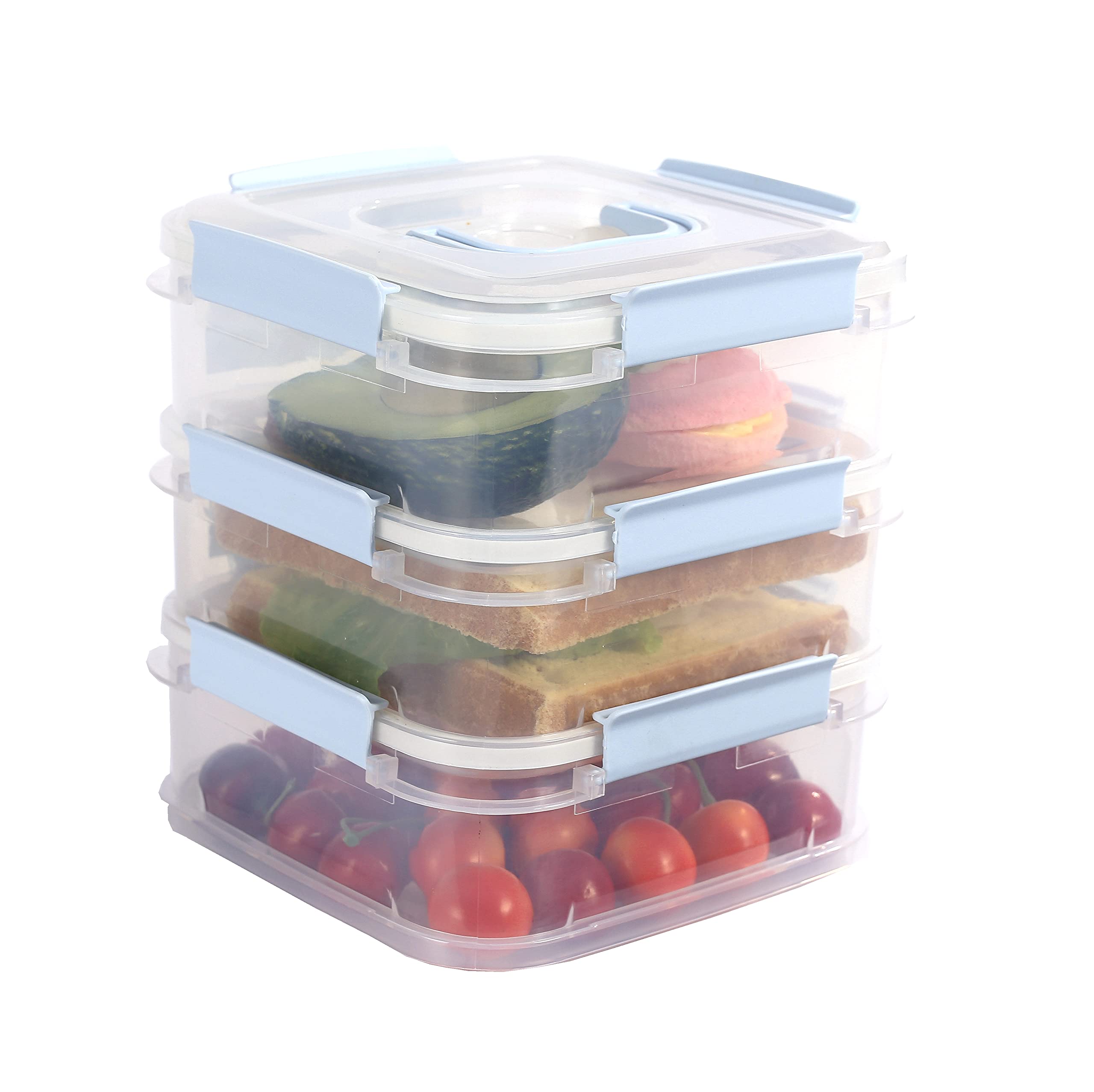 TIAN CHENAirtight Food Storage Containers, Stackable Portable Food Carriers With Lid, 3 Layer Plastic Holder, BPA Free Tray Frozen (Light Blue square)