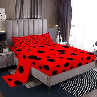Castle Fairy Ladybug Sheet Set,Kids Red and Black Bed Sheets Set,Polka Dot Pattern Bedding Set for Boys Teens Sheets Soft Room Decor Twin Size(1 Flat Sheet+1 Fitted Sheet+1 Pillowcase)