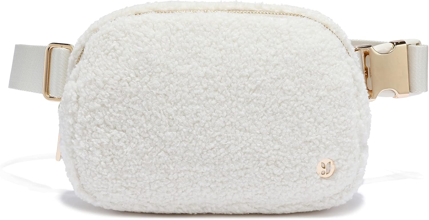 FODOKO Sherpa Belt Bag, Fleece Crossbody Bag Fanny Pack for Women Fashionable Everywhere Waist Bum Bag Pack with Hardware Buckle (Ivory)