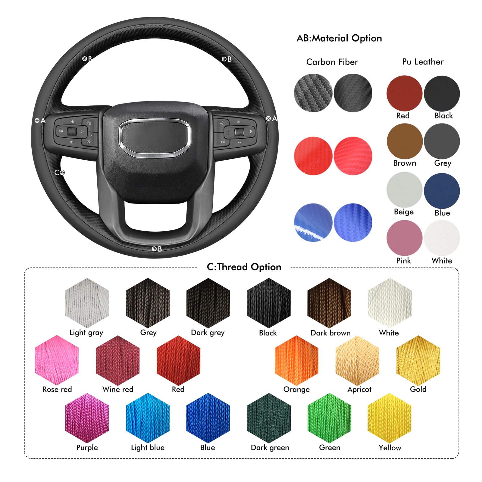 Funda para Volante de Coche para GMC Sierra 1500 / Sierra 1500 Limited/Sierra 2500 3500 / Yukon (XL) Fabricada en Microfibra de Cuero con Acabado Brillante de Fibra de Carbono